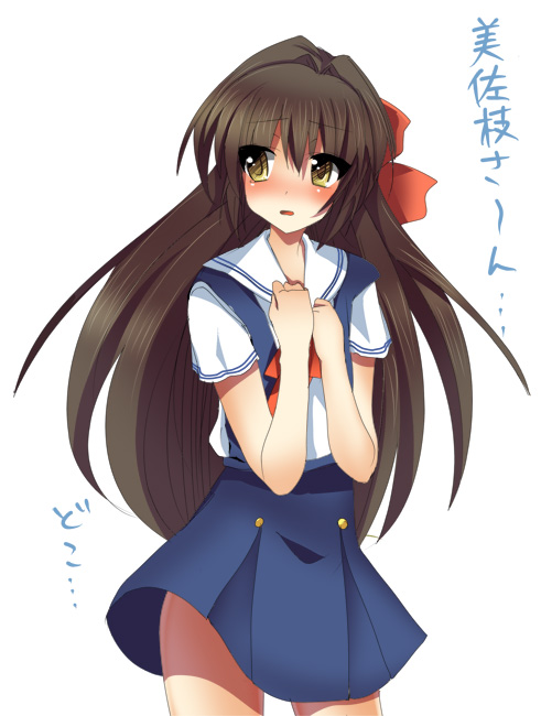 bow, brown_eyes, brown_hair, clannad, hair_ribbon, long_hair, masayu, open_mouth