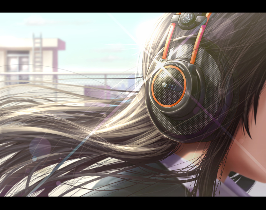 1girl, black_hair, blue_sky, chain-link_fence, close-up, day, fence, floating_hair, head_out_of_frame, headphones, highres, k712, ladder, lens_flare, letterboxed, original, outdoors, rooftop, shiny, shiny_hair, sky, solo, sunlight, upper_body, wadapen, wind