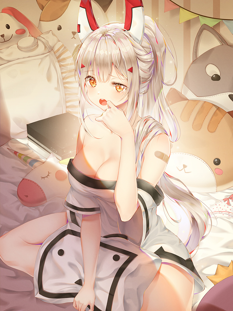 1girl, :<, animal_pillow, ayanami_(azur_lane), azur_lane, bandaid, bandaid_on_shoulder, bangs
