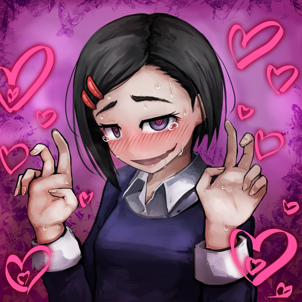 1girl, :d, bangs, black_hair, blush, collared_shirt, commentary_request, double_v