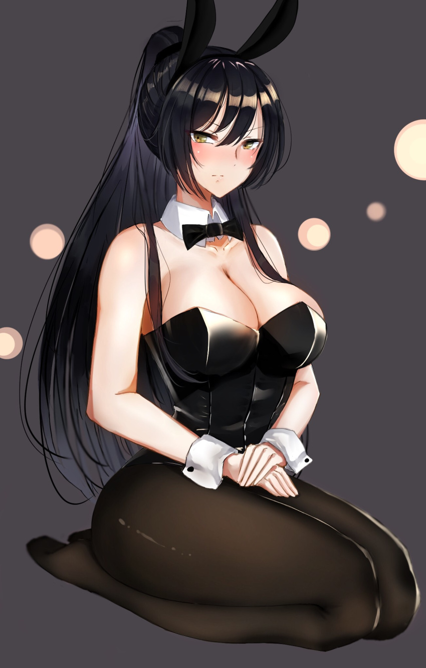 1girl, animal_ears, bangs, bare_arms, bare_shoulders, black_hair, black_leotard, black_neckwear