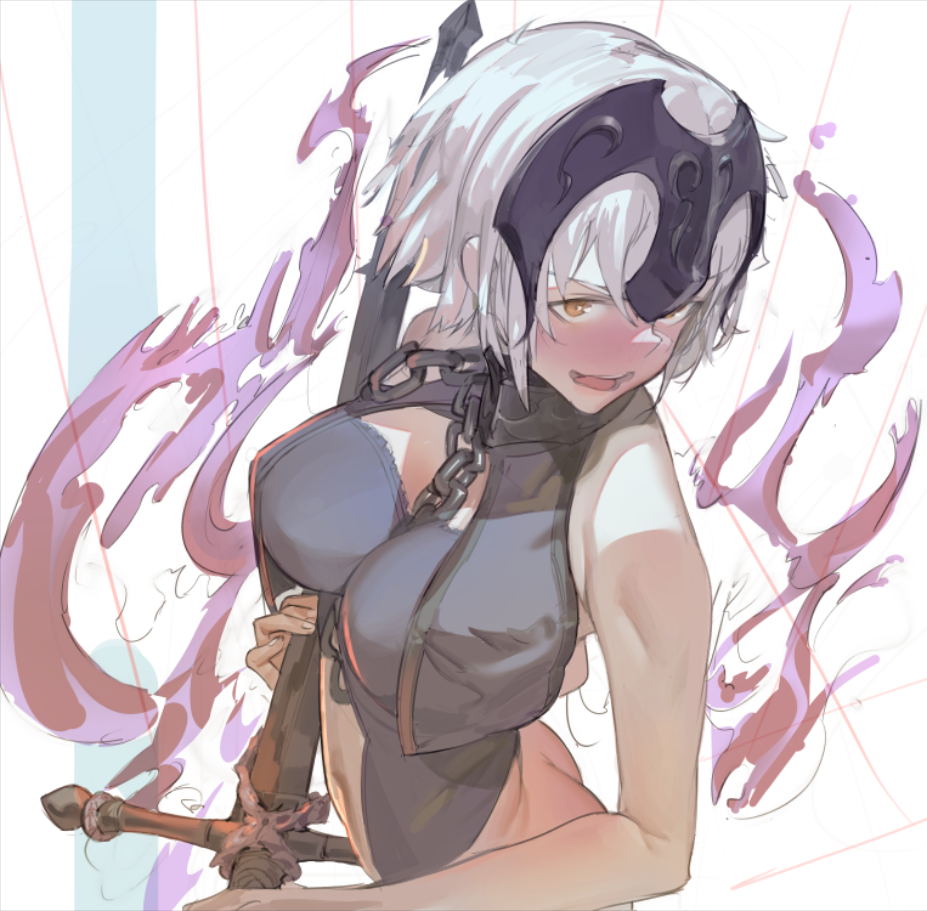 1girl, ass, bangs, bloop, blush, bottomless, breasts, brown_eyes, chains, embarrassed, fate/grand_order, fate_(series), female_ass, grey_hair, holding, holding_sword, holding_weapon, jeanne_d'arc_(alter)_(fate), jeanne_d'arc_(fate)_(all), large_breasts, looking_at_viewer, navel, no_panties, open_mouth, short_hair, sidelocks, smile, solo, sword, wavy_mouth, weapon