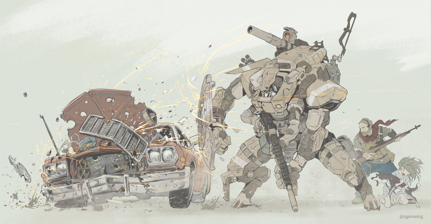 1boy, 1girl, beard, blonde_hair, blue_pants, bolt_action, boots, cannon