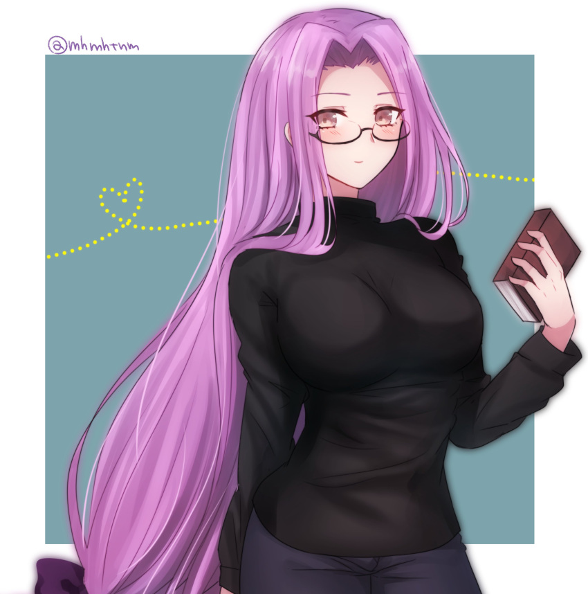 1girl, absurdres, black-framed_eyewear, black_sweater, blush, book, bow, breasts, brown_eyes, closed_mouth, commentary_request, contrapposto, denim, fate/stay_night, fate_(series), glasses, green_background, hair_ribbon, heart, highres, holding, holding_book, jeans, large_breasts, long_hair, long_sleeves, medusa_(fate), medusa_(fate)_(all), pants, purple_bow, purple_hair, ribbon, rider, semi-rimless_eyewear, smile, solo, standing, sweater, tanaji, tress_ribbon, twitter_username, under-rim_eyewear, upper_body, very_long_hair, violet_eyes