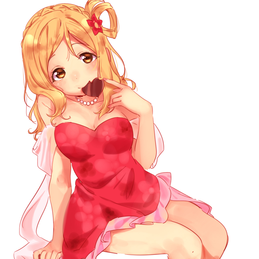 1girl, blonde_hair, braid, chocolate, chocolate_heart, commentary_request, crown_braid, dress