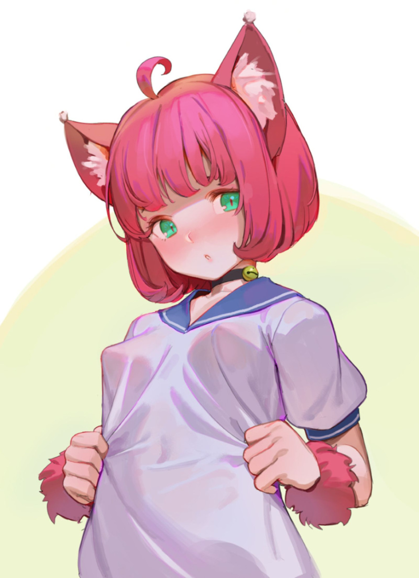 1girl, ahoge, animal_ears, bangs, bell, bent_elbows, black_choker, blue_sailor_collar, blush, bob_cut, breasts, cat_ears, cat_girl, choker, collarbone, erect_nipples, green_eyes, head_tilt, highres, jingle_bell, looking_at_viewer, nose_blush, original, parted_lips, pink_hair, puffy_short_sleeves, puffy_sleeves, sailor_collar, sailor_shirt, shirt, short_hair, short_sleeves, simple_background, small_breasts, solo, tim_loechner, white_shirt