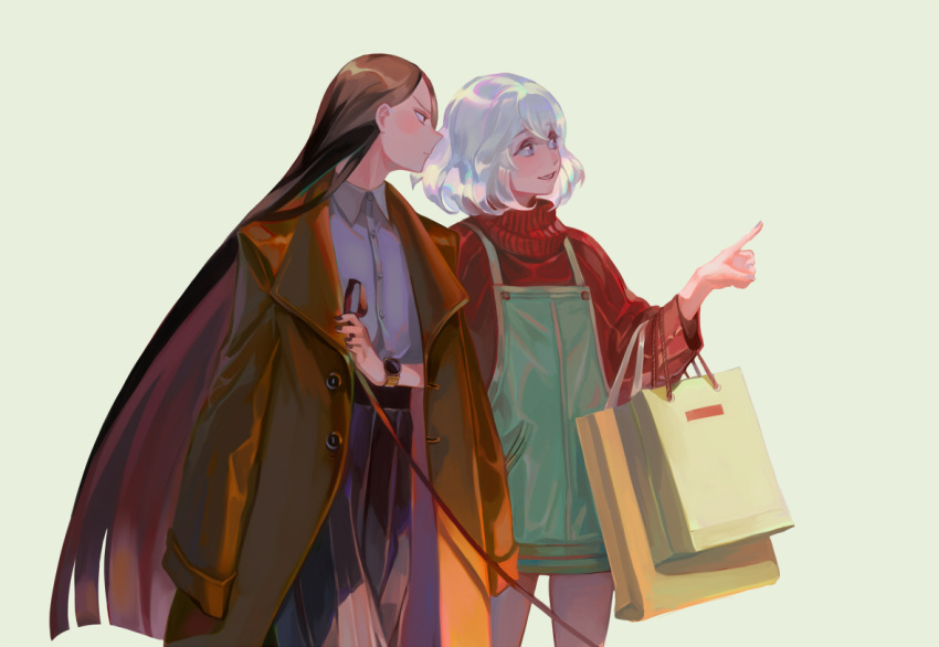 androgynous, bag, black_hair, black_legwear, black_pants, bort, brown_coat, carrying