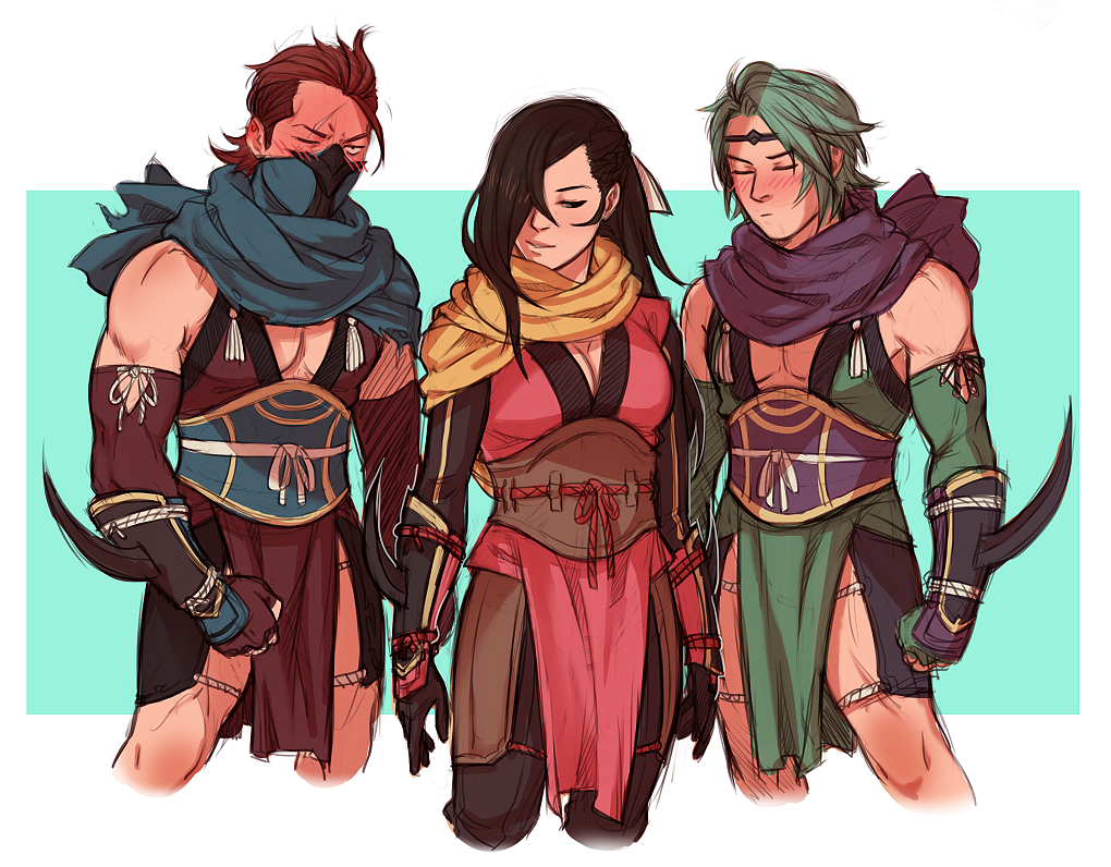 1girl, 2boys, adapted_costume, biceps, black_hair, blush, breasts, closed_eyes