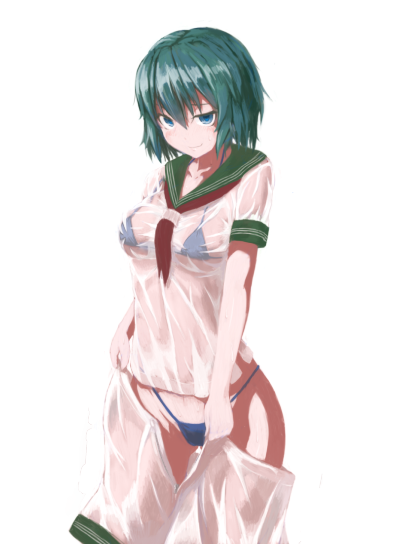 1girl, bare_arms, bikini, bikini_under_clothes, blue_bikini, blue_eyes, closed_mouth, collarbone, cowboy_shot, gluteal_fold, green_hair, hair_between_eyes, half-closed_eye, looking_at_viewer, micro_bikini, murasa_minamitsu, no_hat, no_headwear, sailor_collar, seductive_smile, see-through, shirt, short_sleeves, shorts, simple_background, smile, solo, standing, stomach, swimsuit, touhou, tsukira_(amayadori), undressing, wet, wet_clothes, wet_face, wet_shirt, wet_shorts, white_background, white_shirt, white_shorts