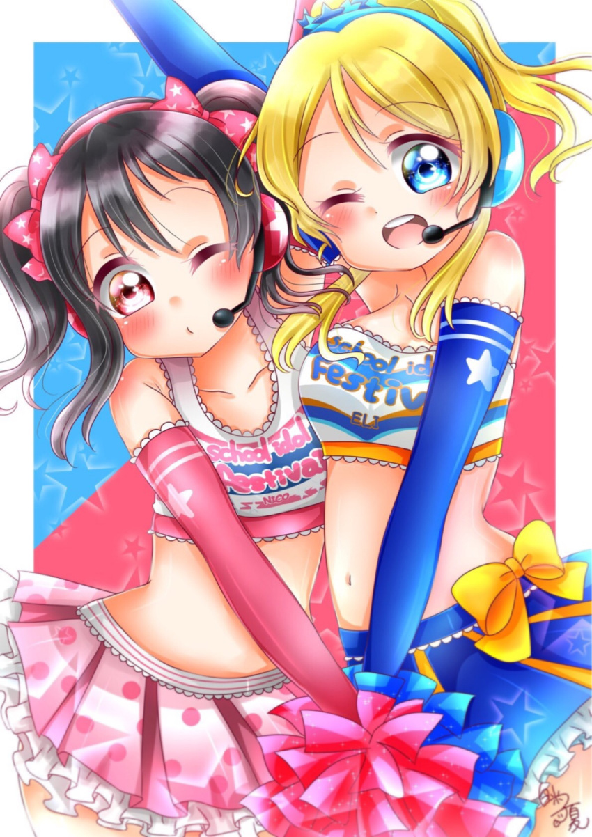 2girls, ;d, arm_up, artist_name, ayase_eli, bangs, black_hair, blonde_hair, blue_gloves, blue_skirt, blush, bow, cheerleader, clothes_writing, commentary_request, copyright_name, crop_top, elbow_gloves, gloves, hair_bow, hair_ornament, hakumai_konatsu, headset, highres, looking_at_viewer, love_live!, love_live!_school_idol_festival, love_live!_school_idol_project, midriff, miniskirt, multiple_girls, navel, one_eye_closed, open_mouth, pink_bow, pink_gloves, pink_skirt, polka_dot_skirt, pom_poms, ponytail, sidelocks, signature, skirt, smile, star, star_hair_ornament, star_print, twintails, yazawa_nico, yellow_bow