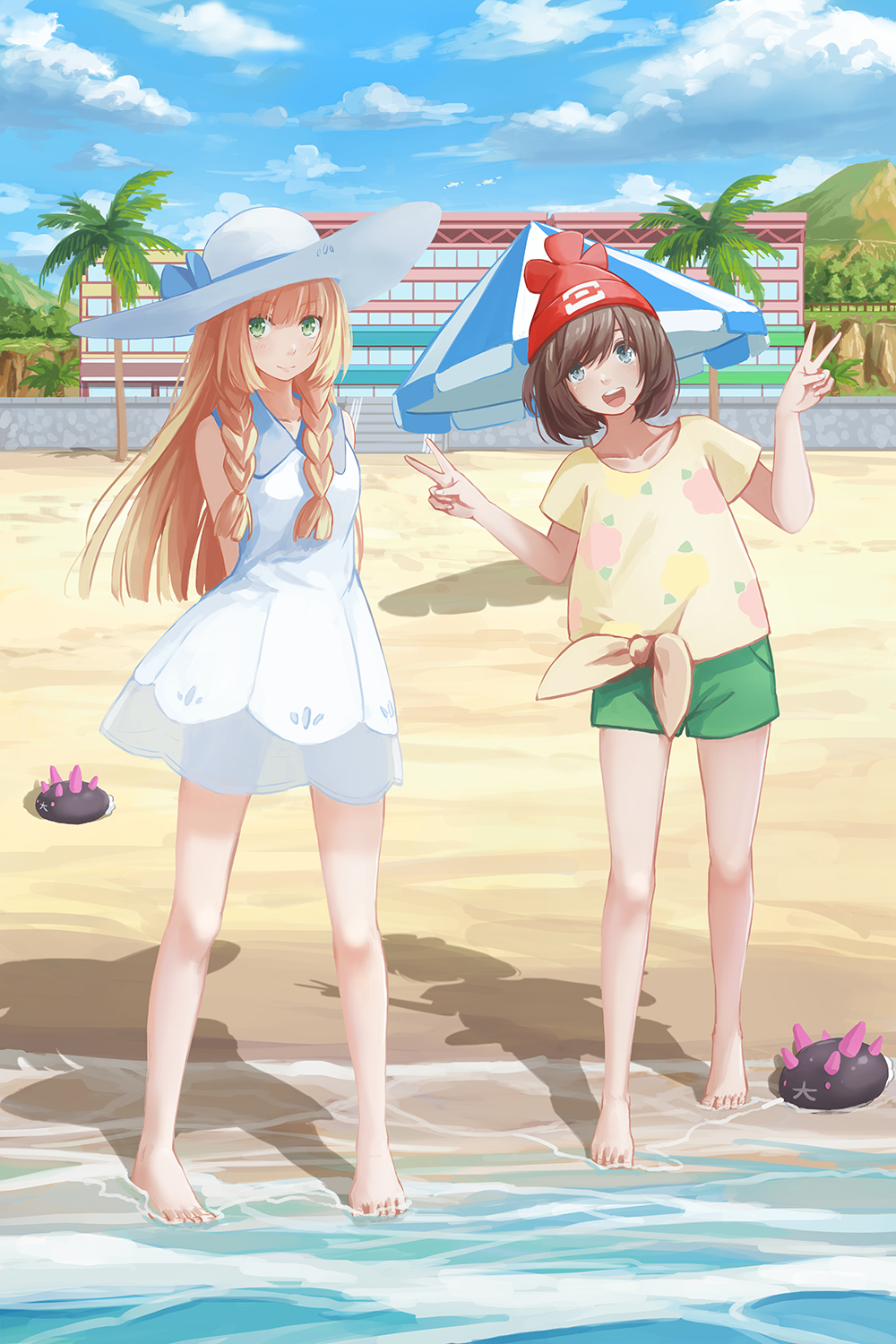 2girls, :d, arms_behind_back, bangs, bare_legs, barefoot, beach, beach_umbrella, beanie, blue_eyes, blue_sky, blunt_bangs, blush, braid, brown_hair, building, closed_mouth, clouds, day, double_v, dress, eyebrows_visible_through_hair, floral_print, gen_3_pokemon, gen_7_pokemon, green_shorts, hat, highres, legs_apart, lillie_(pokemon), long_hair, looking_at_viewer, mizuki_(pokemon_sm), mountain, multiple_girls, open_mouth, pokemon, pokemon_(creature), pokemon_(game), pokemon_sm, print_skirt, pyukumuku, red_hat, redpoke, ribbon, round_teeth, see-through, shadow, shirt, short_hair, short_shorts, shorts, skirt, sky, smile, straight_hair, sun_hat, sundress, tareme, teeth, twin_braids, umbrella, v, w_arms, water, white_dress, white_hat, wingull, yellow_ribbon, yellow_shirt