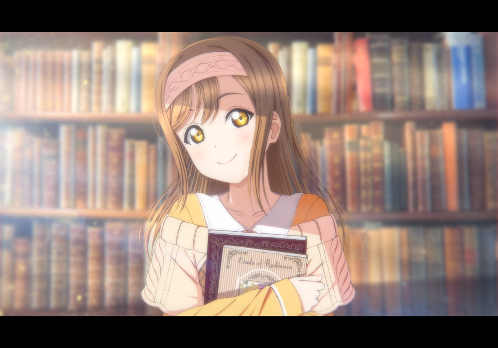 1girl, bangs, blurry, blurry_background, book, bookshelf, brown_hair, depth_of_field