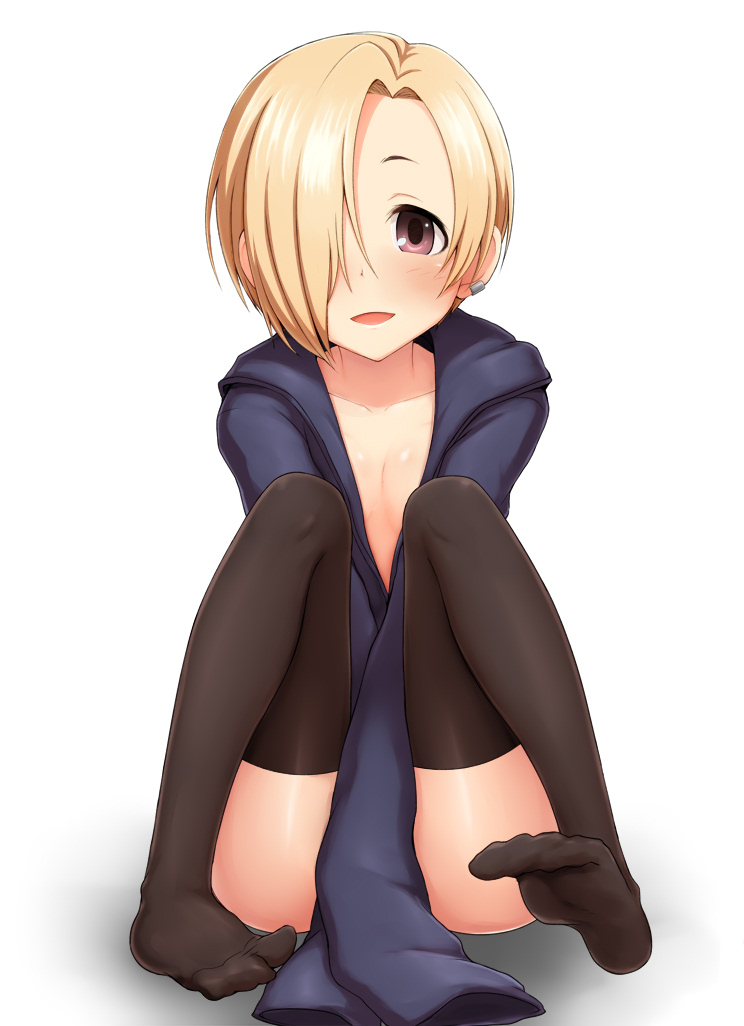 1girl, :d, animal_ears, between_legs, black_legwear, blonde_hair, blush, breasts