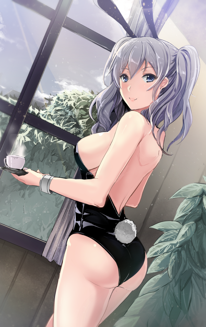 1girl, alternate_costume, animal_ears, ass, bangs, bare_shoulders, black_leotard, breasts, bunny_tail, bunnysuit, bush, closed_mouth, cowboy_shot, cup, curtains, day, dutch_angle, eyebrows_visible_through_hair, fake_animal_ears, fake_tail, from_side, gin'ichi_(akacia), holding, indoors, kantai_collection, kashima_(kantai_collection), large_breasts, leotard, lips, long_hair, looking_at_viewer, no_hat, no_headwear, plant, potted_plant, rabbit_ears, saucer, shiny, shiny_clothes, shiny_hair, shiny_skin, shoulder_blades, sideboob, silver_hair, smile, solo, standing, steam, tail, teacup, thighs, wavy_hair, window, wrist_cuffs