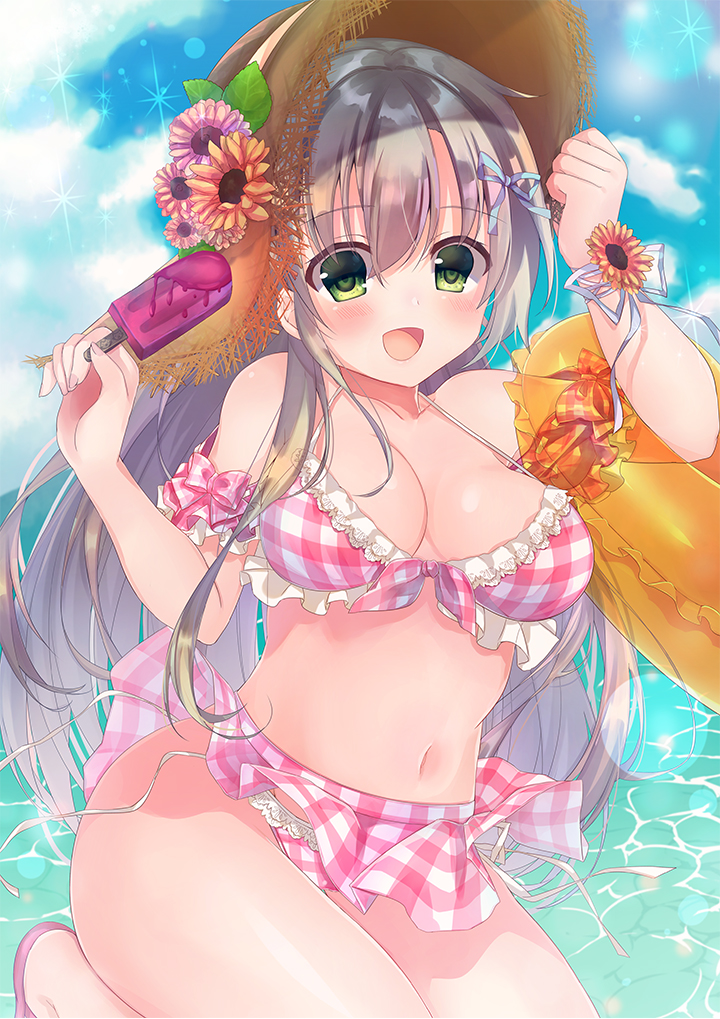 1girl, :d, bangs, bikini, bikini_skirt, blue_ribbon, blush, breasts