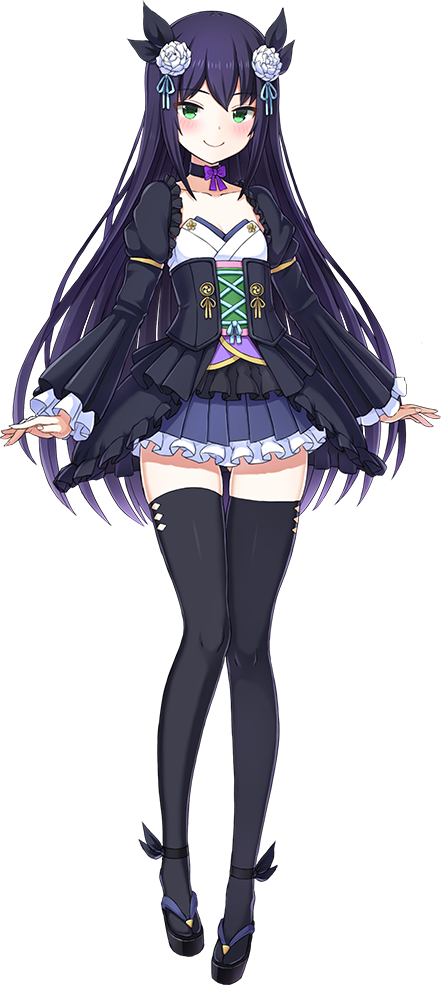 1girl, artist_request, black_footwear, black_legwear, black_ribbon, blue_hair, blue_skirt, breasts, detached_sleeves, flower, frilled_skirt, frills, full_body, green_eyes, hair_flower, hair_ornament, hair_ribbon, karasu_(oshiro_project), long_hair, neck_ribbon, official_art, oshiro_project, oshiro_project_re, pleated_skirt, purple_ribbon, ribbon, skirt, small_breasts, smile, solo, thigh-highs, transparent_background