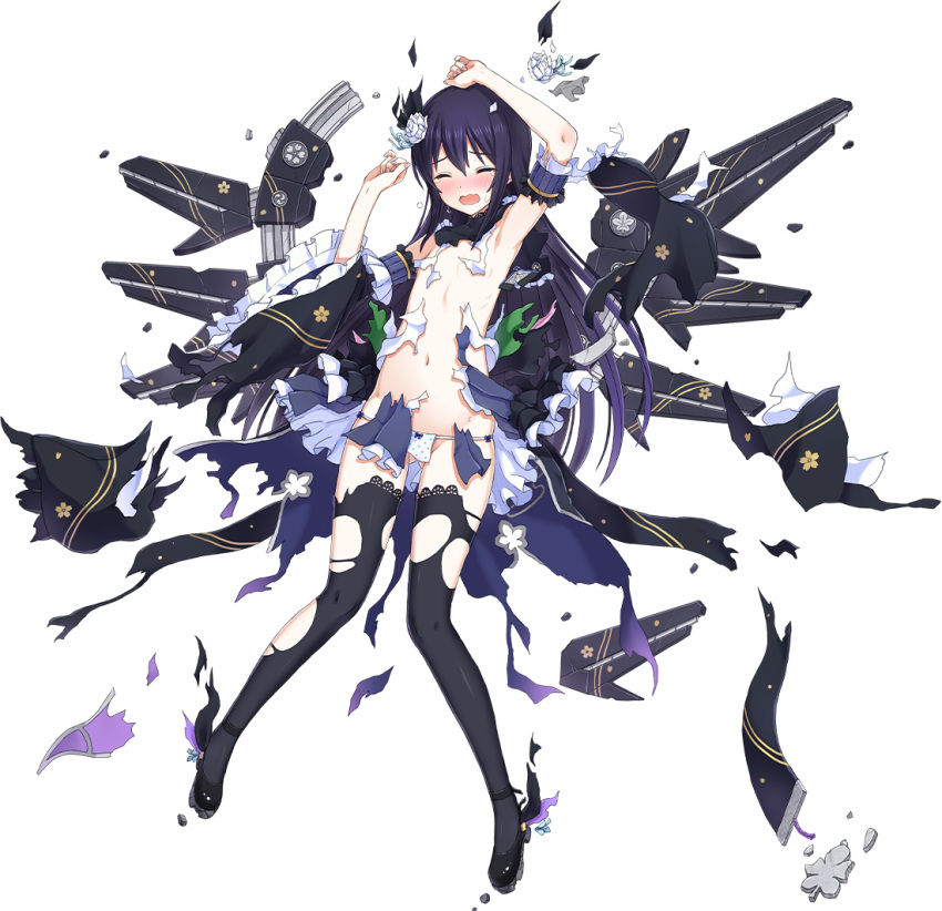 1girl, artist_request, black_footwear, black_legwear, black_ribbon, blue_hair, blue_skirt, blush, breasts, closed_eyes, convenient_censoring, flower, frilled_skirt, frills, full_body, hair_flower, hair_ornament, hair_ribbon, karasu_(oshiro_project), long_hair, navel, official_art, oshiro_project, oshiro_project_re, panties, pleated_skirt, ribbon, skirt, small_breasts, thigh-highs, torn_clothes, torn_shoes, torn_skirt, torn_thighhighs, underwear