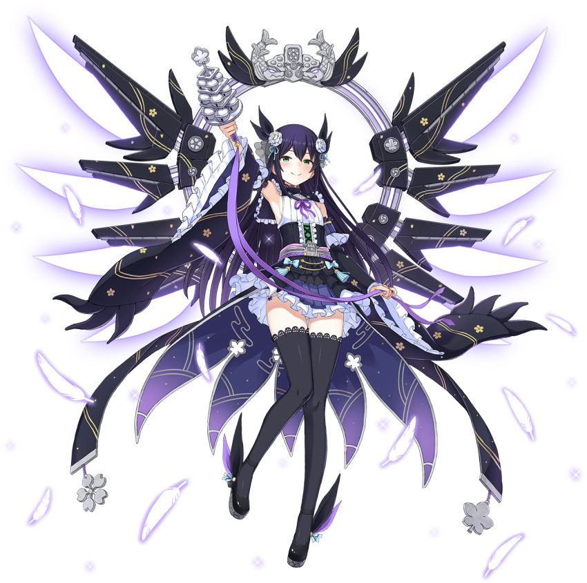 1girl, artist_request, black_footwear, black_legwear, black_ribbon, blue_hair, blue_skirt, breasts