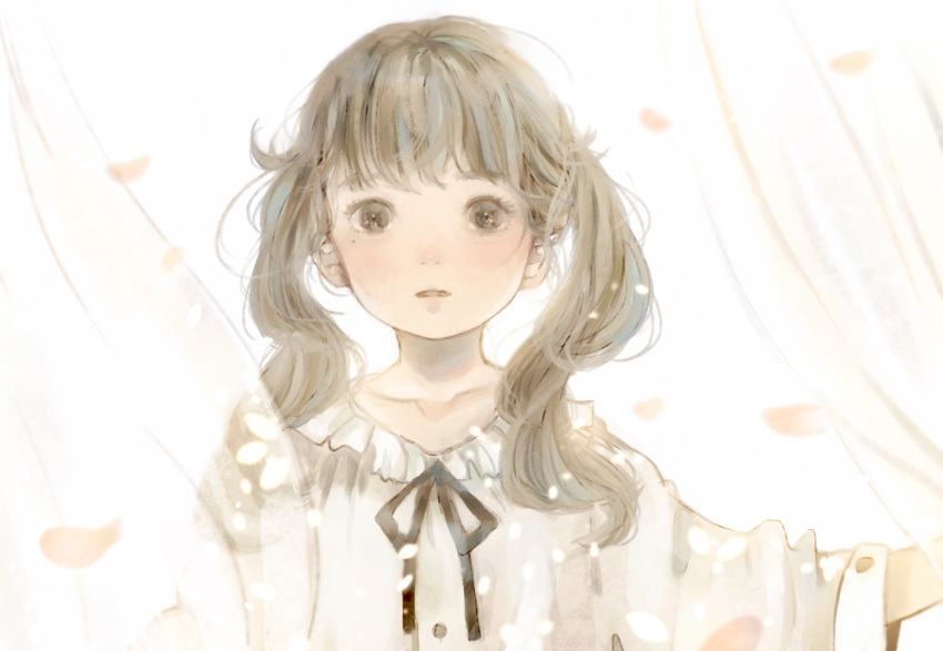 1girl, bangs, black_hair, black_neckwear, collarbone, commentary_request, curtains, frills