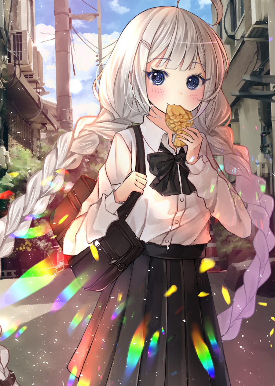 1girl, ahoge, bangs, blue_eyes, blush, braid, building, dress