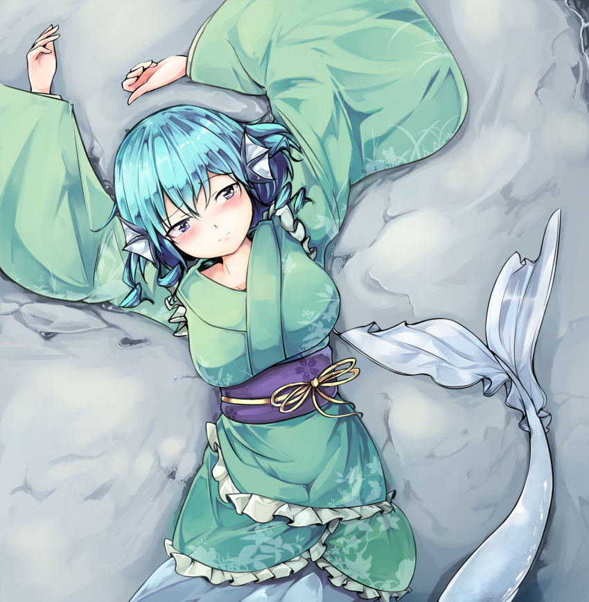 1girl, asa_(ces6ces8), blue_eyes, blue_hair, blush, breasts, commentary, drill_hair, embarrassed, fish_tail, from_above, green_kimono, head_fins, highres, japanese_clothes, kimono, large_breasts, lips, long_sleeves, looking_up, lying, mermaid, monster_girl, obi, sash, solo, touhou, wakasagihime, wide_sleeves