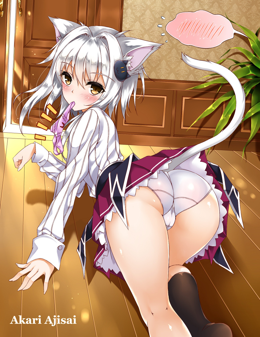 1girl, akari_ajisai, all_fours, animal_ears, artist_name, ass, blush, cat_ears