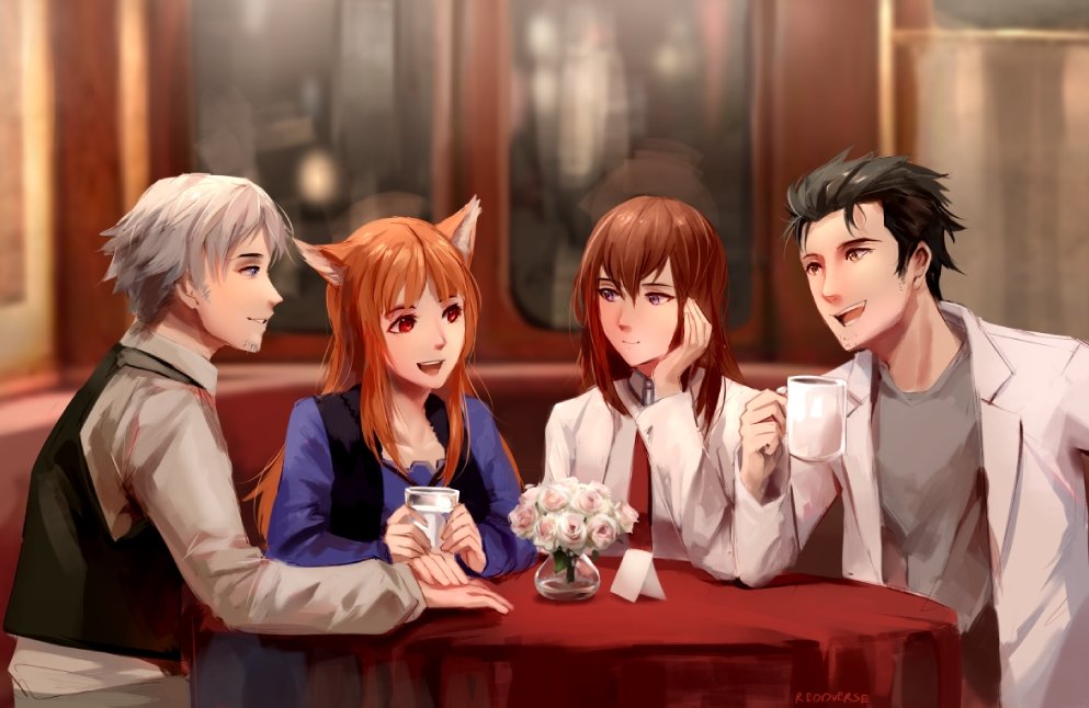 2boys, 2girls, animal_ears, black_hair, brown_hair, cafe, commentary, commission, craft_lawrence, crossover, facial_hair, flower, grey_eyes, holo, labcoat, long_hair, makise_kurisu, multiple_boys, multiple_girls, necktie, okabe_rintarou, open_mouth, orange_hair, red_eyes, red_neckwear, reddverse, short_hair, silver_hair, sitting, smile, spice_and_wolf, steins;gate, table, violet_eyes, wolf_ears, yellow_eyes