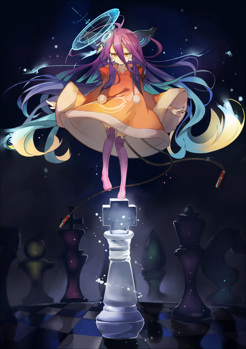 1girl, bangs, bishop_(chess), blue_hair, boots, brown_eyes, brown_robe, chess_piece