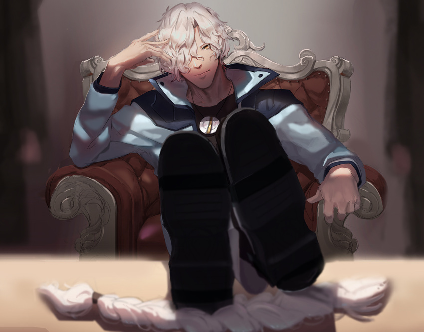 1boy, boots, braid, chair, garo:vanishing_line, garo_(series), hair_over_one_eye, luke_(garo)