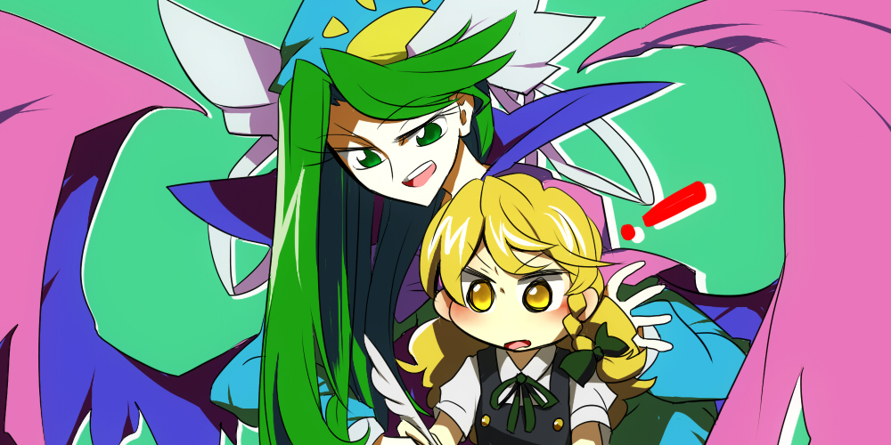 !, 2girls, :d, :o, blonde_hair, blush, bow, buttons