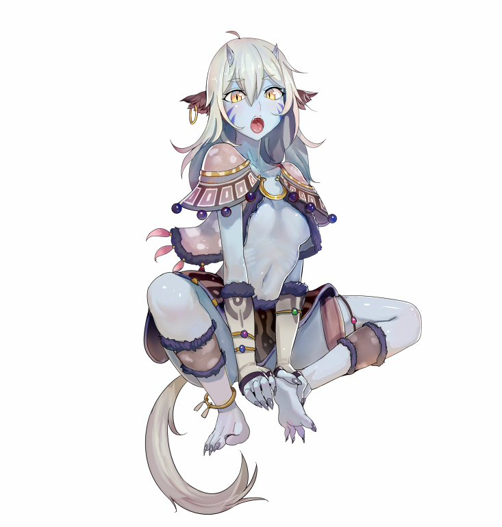 1girl, ahoge, animal_ears, anklet, barefoot, blue_skin, breasts, earrings