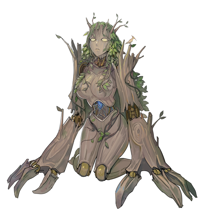 1girl, breasts, closed_mouth, dryad, full_body, gem, kneeling, land_of_caromag