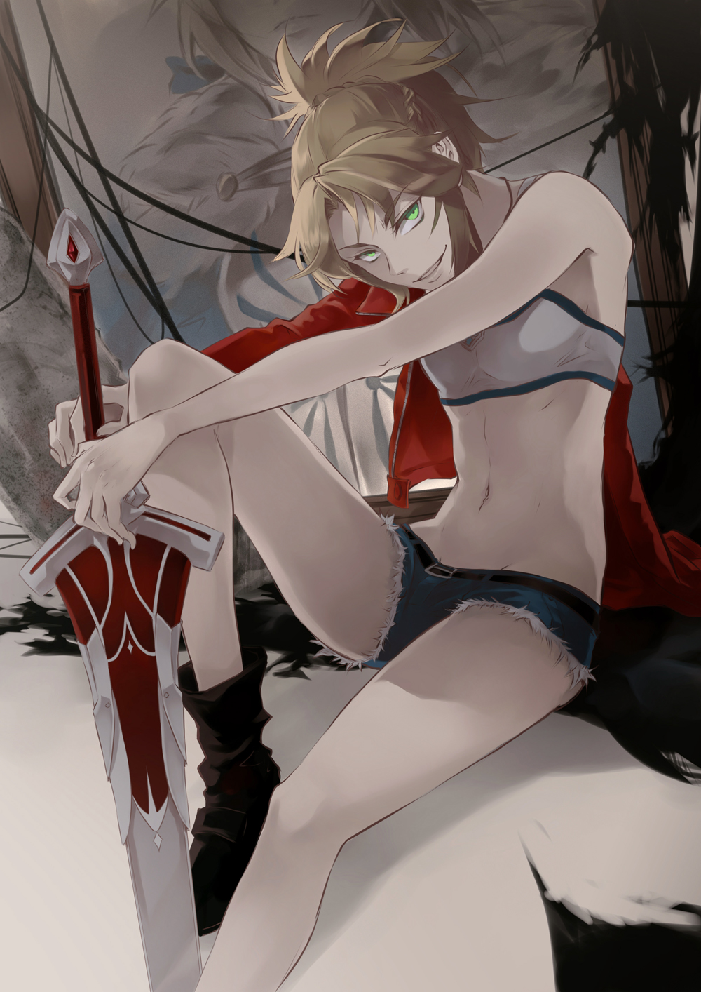 1girl, artoria_pendragon_(all), barbed_wire, bare_shoulders, blonde_hair, boots, breasts, calendar, cutoffs, denim, denim_shorts, fate/apocrypha, fate/grand_order, fate_(series), green_eyes, groin, highres, jacket_partially_removed, looking_at_viewer, matsuomiyako, mordred_(fate), mordred_(fate)_(all), navel, out_of_frame, ponytail, saber, shorts, small_breasts, solo