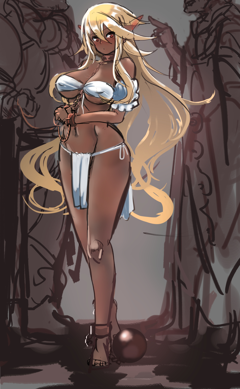 1girl, blonde_hair, blush, breasts, chains, cleavage, collar, cuffs