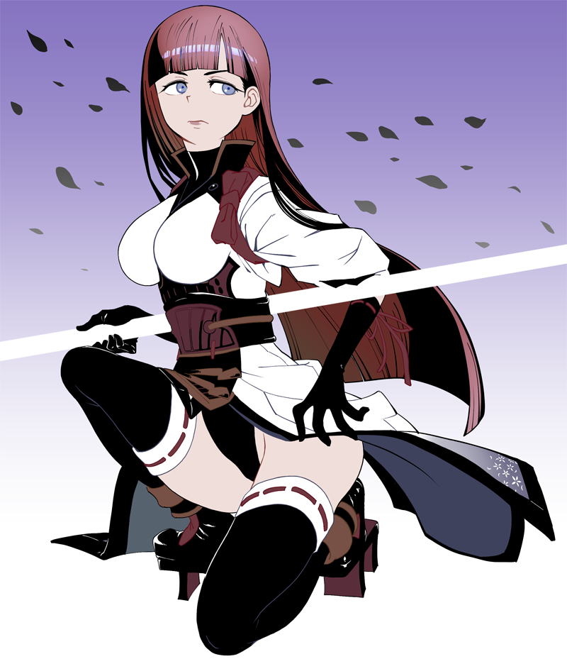 1girl, armor, bangs, benkei_(xenoblade_2), black_gloves, black_legwear, black_leotard, blunt_bangs, breasts, closed_mouth, elbow_gloves, eyelashes, facing_away, floral_print, full_body, gloves, gradient, gradient_background, highleg, highleg_leotard, japanese_armor, japanese_clothes, kneeling, large_breasts, lavender_eyes, leotard, leotard_under_clothes, long_hair, long_sleeves, looking_away, looking_to_the_side, natto_soup, petals, popped_collar, purple_background, red_ribbon, redhead, ribbon, ribbon-trimmed_clothes, ribbon-trimmed_gloves, ribbon-trimmed_legwear, ribbon_trim, solo, straight_hair, swept_bangs, tabi, thigh-highs, turtleneck, two-tone_background, white_background, xenoblade_(series), xenoblade_2