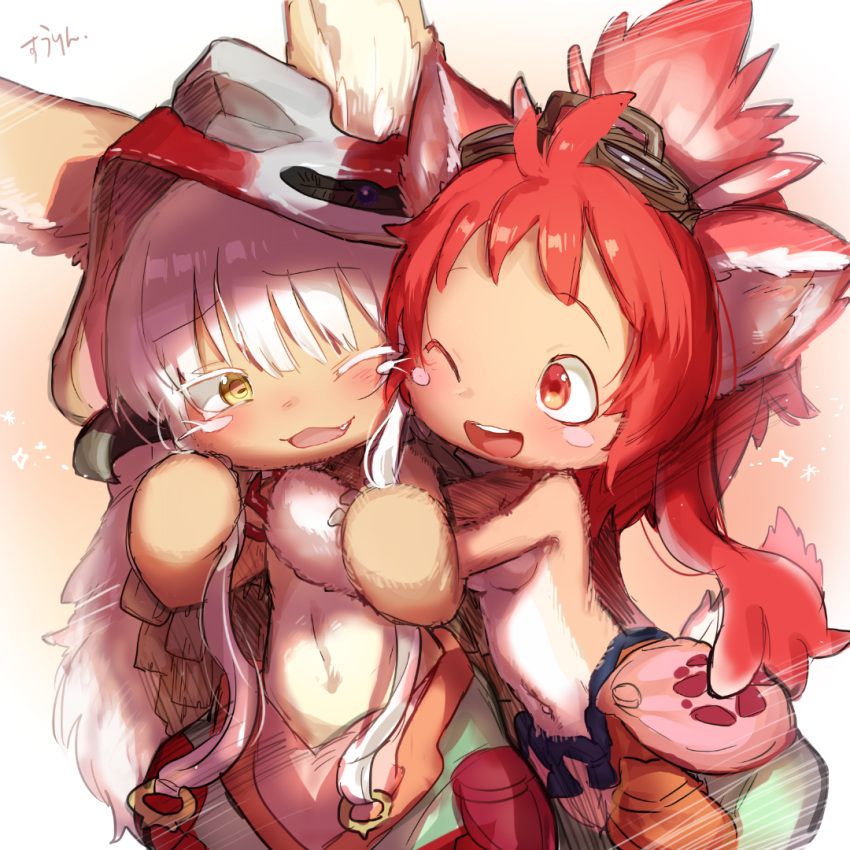 2girls, :d, ;d, animal_ears, bangs, blush, blush_stickers, ears_through_headwear