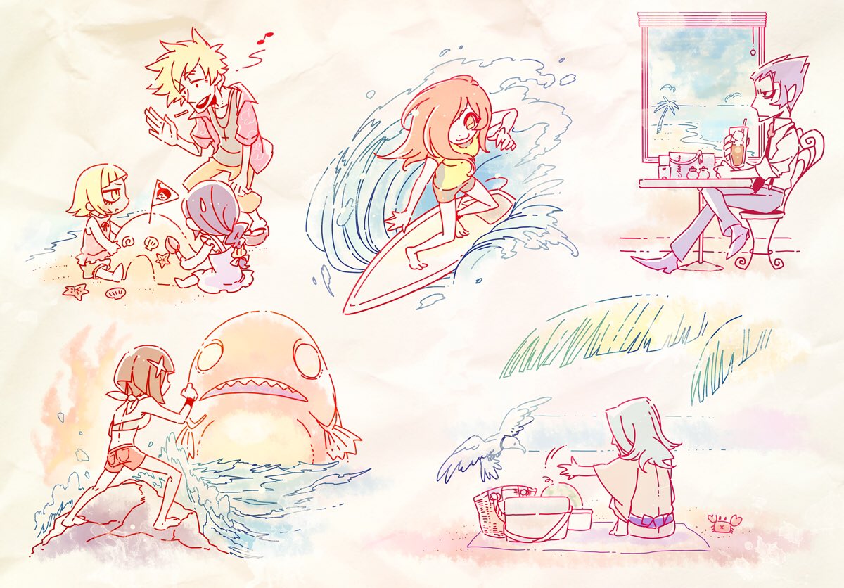 3boys, 4girls, :3, animal, barefoot, beach, bird, black_hair