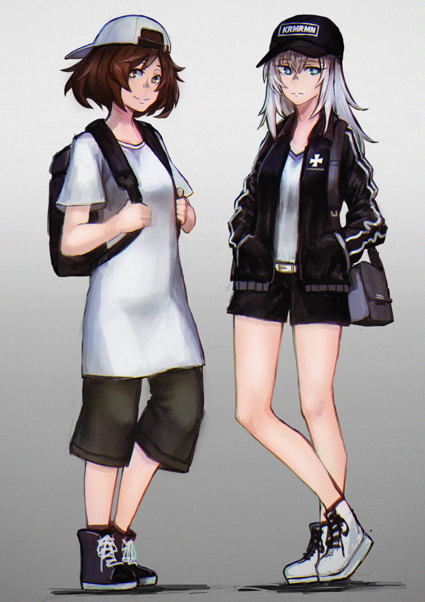 2girls, akiyama_yukari, backwards_hat, bag, bangs, baseball_cap, black_footwear, black_hat