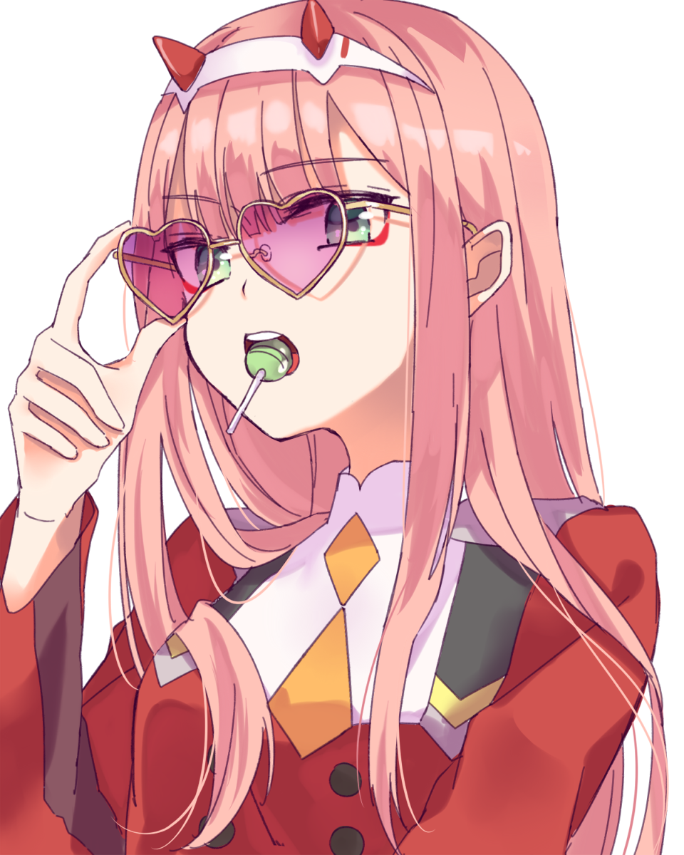 1girl, adjusting_eyewear, bangs, candy, commentary_request, darling_in_the_franxx, eyebrows_visible_through_hair, food