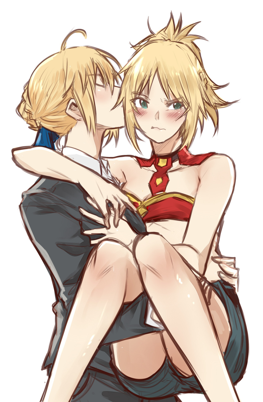 2girls, absurdres, ahoge, arm_around_shoulders, artoria_pendragon_(all), bare_shoulders, blonde_hair, blue_ribbon, blue_shorts, blush, bra, braid, closed_eyes, collared_shirt, eyebrows_visible_through_hair, fate/grand_order, fate_(series), formal, french_braid, green_eyes, hair_ribbon, high_ponytail, highres, kiss, long_sleeves, looking_away, mordred_(fate), mordred_(fate)_(all), multiple_girls, person_carrying, red_bra, ribbon, saber, shirt, short_hair, shorts, simple_background, sleeveless, suit, tetsumoru, tsurime, underwear, white_background, yuri