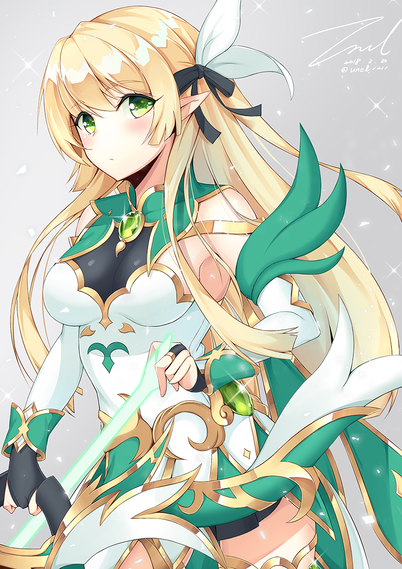 armor, armpits, bangs, black_gloves, black_ribbon, black_skirt, blonde_hair, blush, bow_(weapon), breasts, bridal_gauntlets, closed_mouth, dated, detached_sleeves, dress, elf, emerald, eyebrows_visible_through_hair, fantasy, floating_hair, gloves, gold_trim, grand_chase, green_eyes, grey_background, hair_between_eyes, hair_ribbon, holding, holding_bow_(weapon), holding_weapon, jewelry, large_breasts, light_particles, lire, long_hair, looking_at_viewer, multicolored, multicolored_clothes, multicolored_dress, pendant, pleated_skirt, pointy_ears, ponytail, ribbon, sidelocks, signature, simple_background, skirt, sparkle, thigh-highs, thighs, twitter_username, unel1211, very_long_hair, weapon, white_ribbon