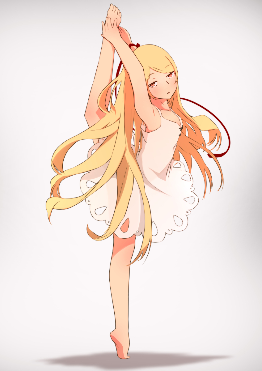 1girl, barefoot, blonde_hair, blush, dress, highres, kiss-shot_acerola-orion_heart-under-blade, kizumonogatari