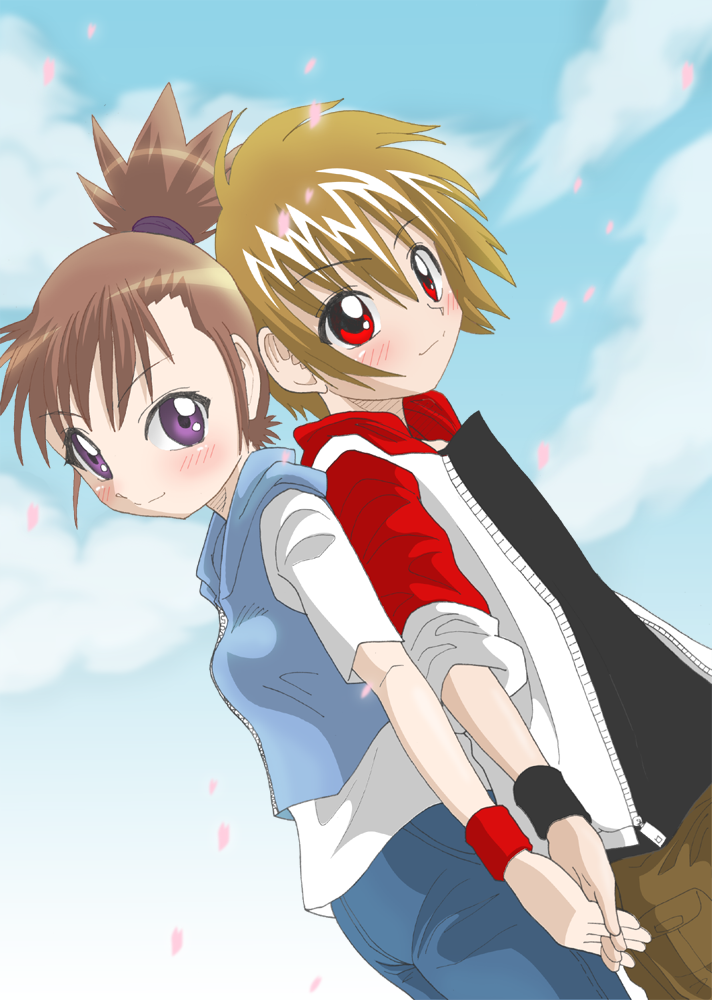 blonde_hair, brown_hair, digimon, digimon_tamers, dutch_angle, holding_hands, hoodie, makino_ruki, matsuda_takato, petals, ponytail, purple_eyes, red_eyes, riza23, smile, zipper