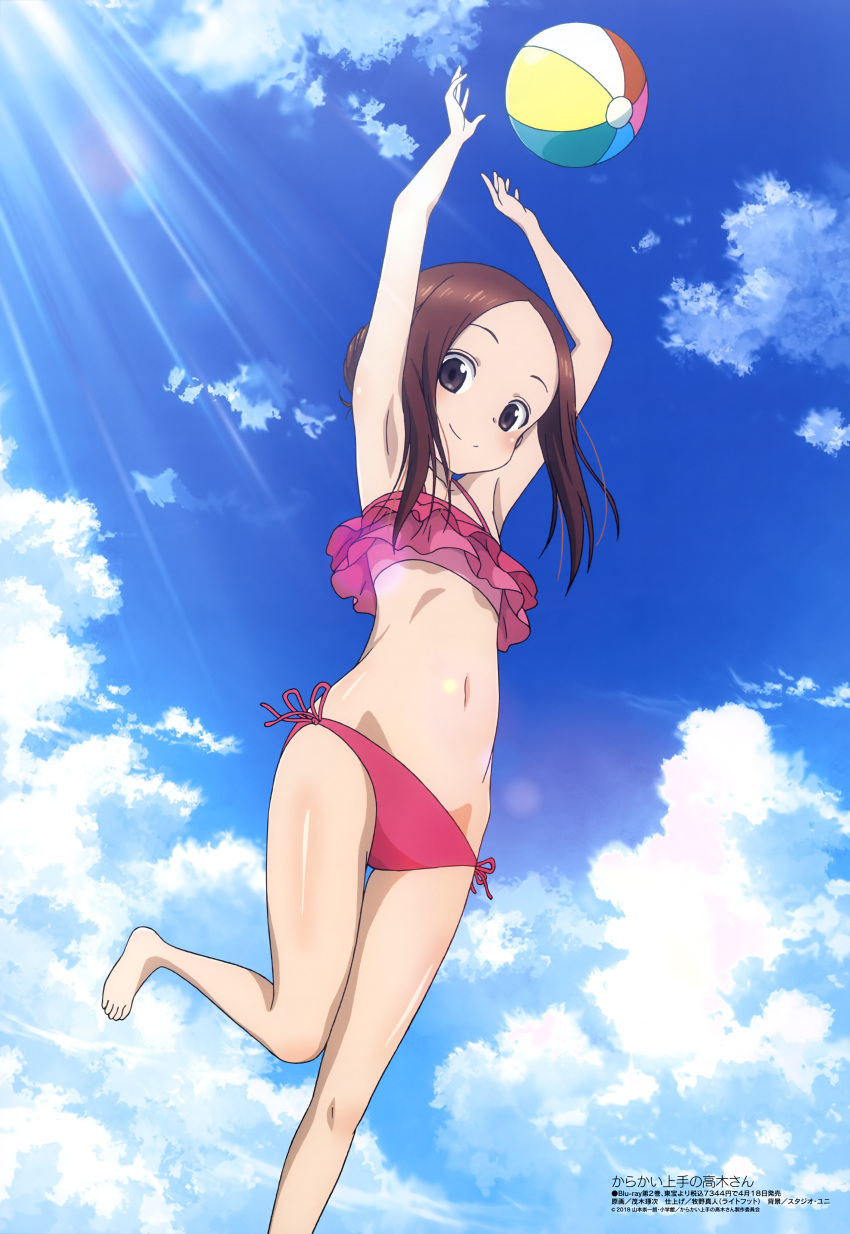 1girl, absurdres, armpits, arms_up, ball, bangs, beachball, bikini, blue_sky, blush, brown_eyes, brown_hair, closed_mouth, clouds, day, flat_chest, forehead, frilled_bikini, frills, highres, karakai_jouzu_no_takagi-san, knee_up, legs_together, light_rays, long_hair, looking_at_viewer, megami, mogi_takuji, navel, official_art, parted_bangs, pink_bikini, scan, shiny, shiny_hair, shiny_skin, side-tie_bikini, sky, smile, solo, swimsuit, takagi-san, thigh_gap