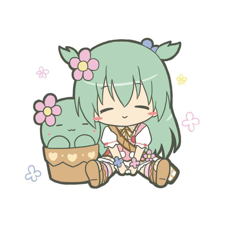 1girl, :>, :3, bag, bangs, blue_flower, brown_footwear, cactus, chibi, closed_eyes, closed_mouth, collared_shirt, commentary_request, emil_chronicle_online, eyebrows_visible_through_hair, facing_viewer, flower, green_hair, hair_between_eyes, hair_flower, hair_ornament, kneehighs, long_hair, pink_flower, pink_vest, plant, pot, potted_plant, puffy_short_sleeves, puffy_sleeves, rinechun, shabotan_alma, shirt, shoes, short_sleeves, shoulder_bag, simple_background, sitting, skirt, solo, striped, striped_legwear, two_side_up, v_arms, very_long_hair, vest, white_background, white_shirt, white_skirt