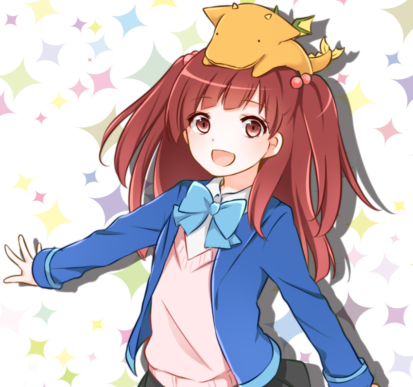 1girl, bat_wings, bow, bowtie, dragon, dragon_tail, highres, horns, isao_(miira_no_kaikata), long_hair, miira_no_kaikata, motegi_asa, open_mouth, pink_eyes, pink_hair, simple_background, solo, sparkle, tail, twintails, utako_(kuromosuki), white_background, wings
