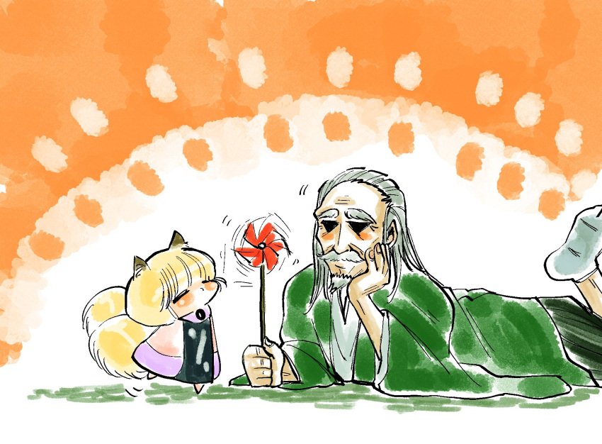 1boy, animal_ears, baby, beard, blonde_hair, dress, facial_hair, fox_ears