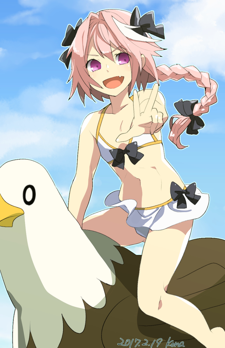 0_0, 1boy, :d, arm_support, artist_name, astolfo_(fate), bangs, bare_arms