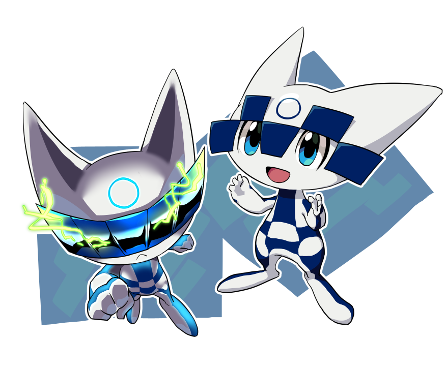1boy, 2020_summer_olympics, blue_eyes, circle, clenched_hand, electricity, male_focus, mascot