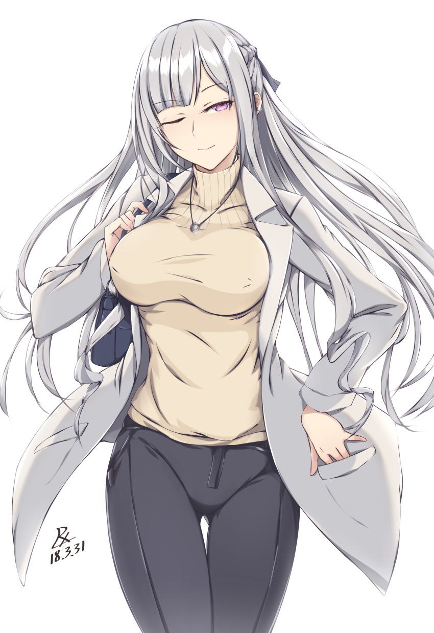 1girl, absurdres, ak-12_(girls_frontline), alternate_costume, bag, bangs, black_pants, blunt_bangs, braid, breasts, buttons, casual, closed_mouth, coat, dated, earrings, eyebrows_visible_through_hair, french_braid, girls_frontline, grey_ribbon, hair_ribbon, half-closed_eye, hand_in_pocket, highres, holding_bag, jewelry, large_breasts, long_hair, long_sleeves, looking_at_viewer, necklace, one_eye_closed, open_clothes, open_coat, pants, pocket, ribbed_sweater, ribbon, ring, shoulder_bag, sidelocks, signature, silver_hair, simple-background, smile, solo, sweater, turtleneck, turtleneck_sweater, very_long_hair, violet_eyes, white_background, white_coat, zhishi_ge_fangzhang
